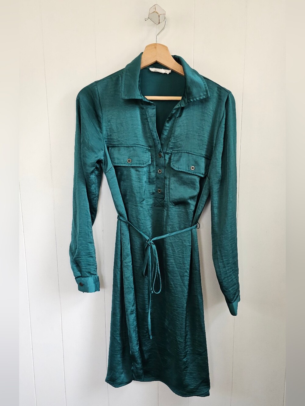 LUCKY Satin Teal Long-Sleeve Shirt Dress